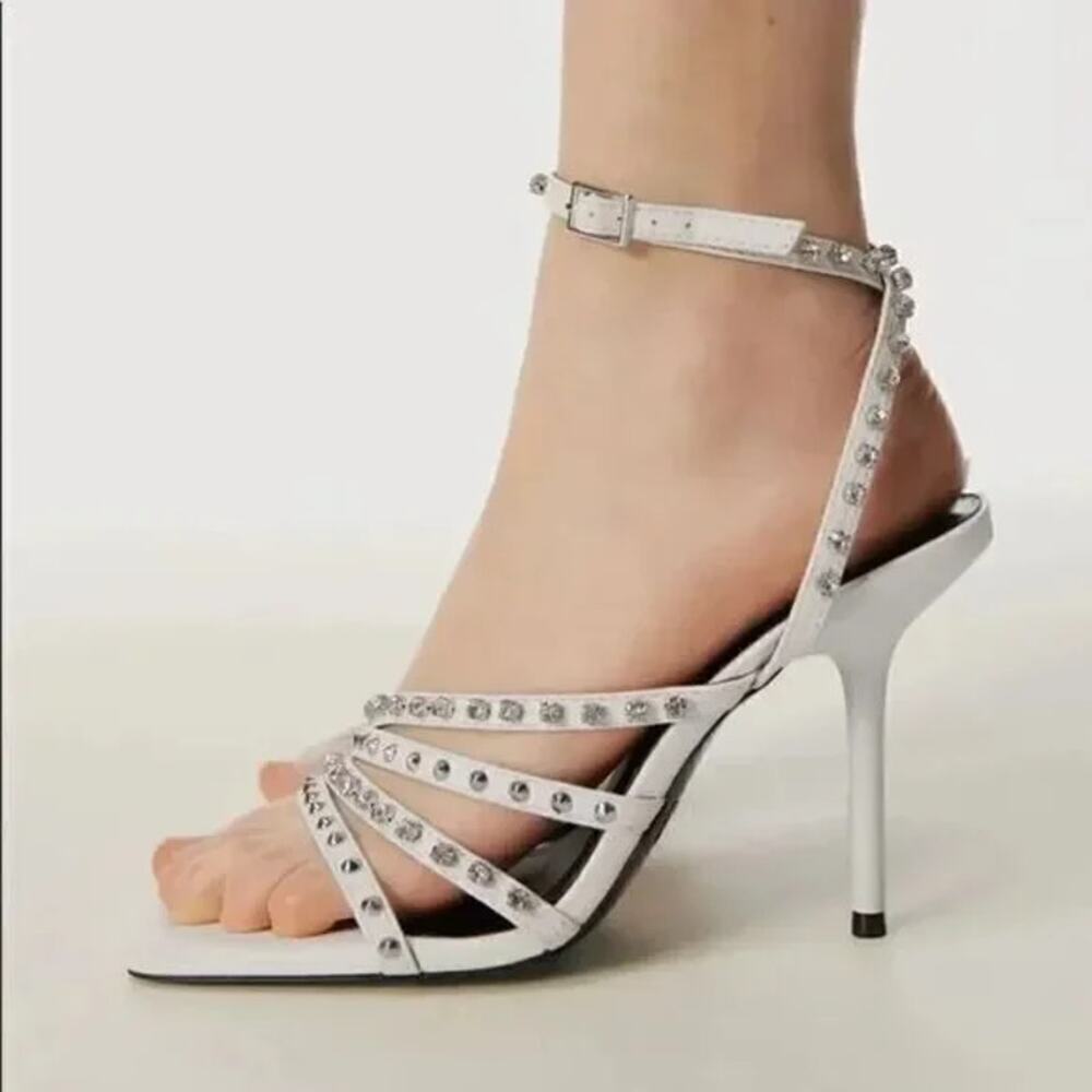 Zara White Leather Studded Embellished Rhinestone Heeled Sandals Women's 41 11
